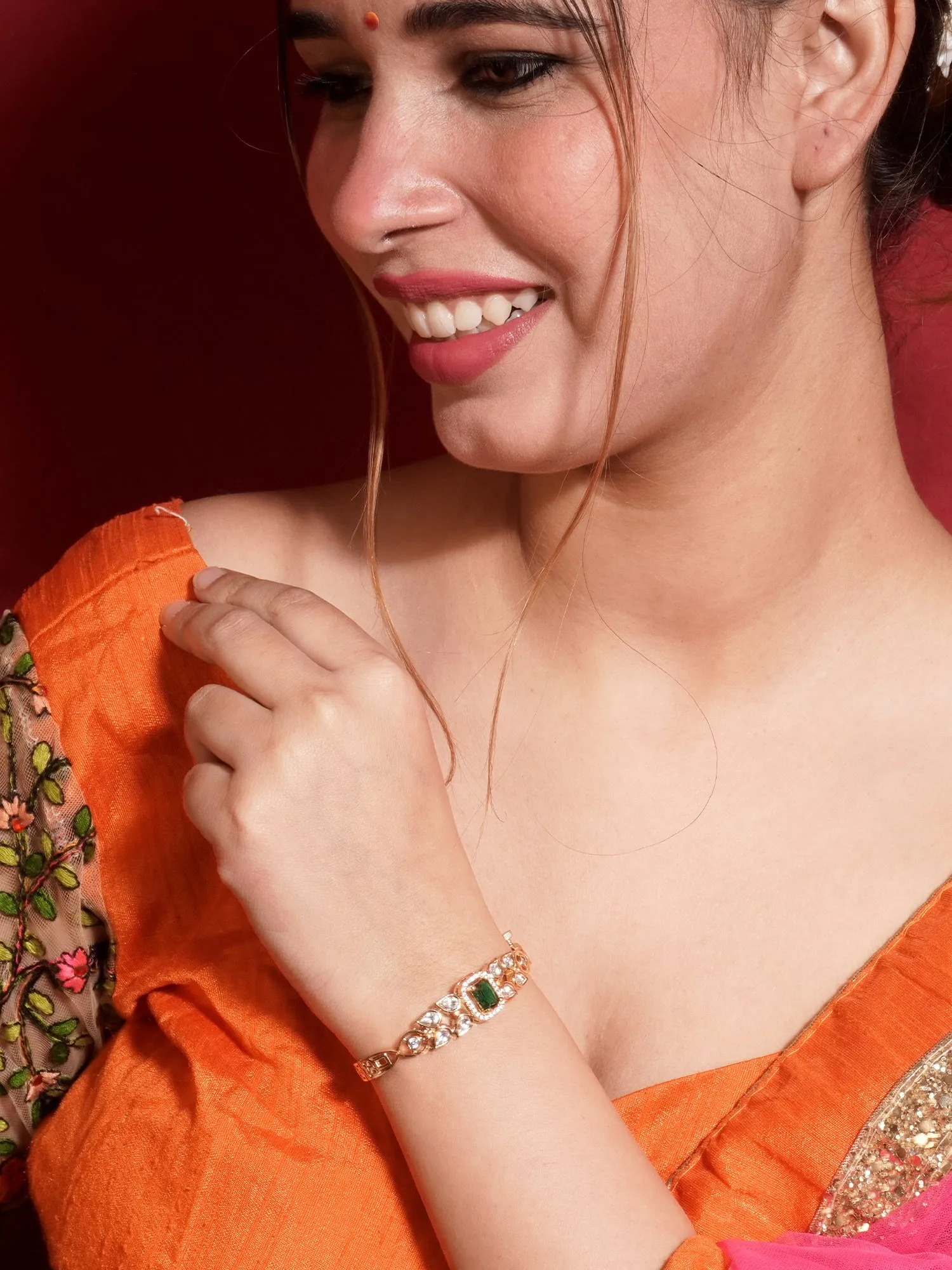 24k Gold-Plated Bracelet with Green Kundan Stones (Openable)