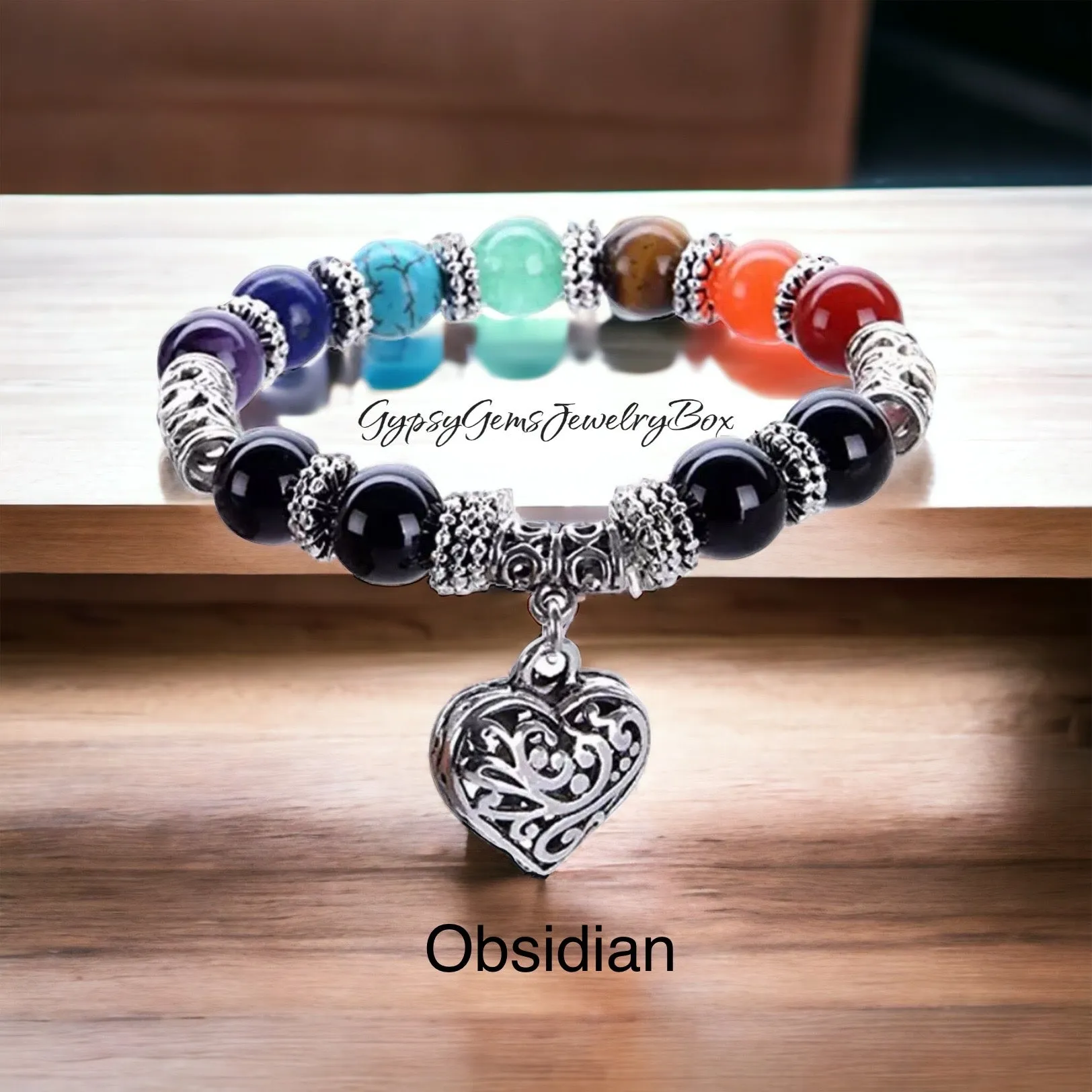 7 Chakra & Silver Heart Charm - FOUR Different Bracelet Style Choices: Obsidian • Jade • Tiger’s Eye • Green Imperial Jasper (10mm) Grande Round Smooth Stretch Natural Gemstone Crystal Energy Bead Bracelets