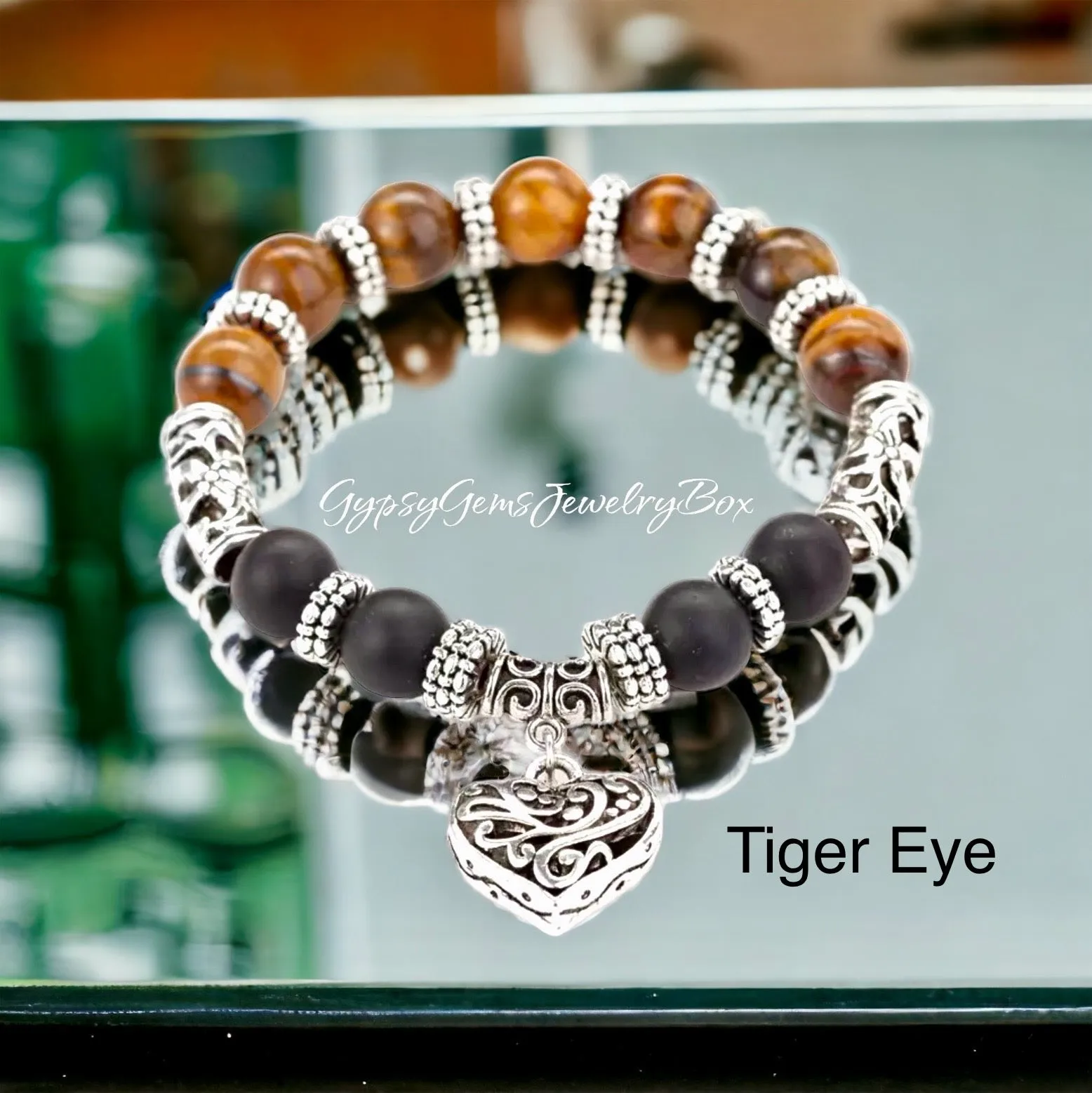 7 Chakra & Silver Heart Charm - FOUR Different Bracelet Style Choices: Obsidian • Jade • Tiger’s Eye • Green Imperial Jasper (10mm) Grande Round Smooth Stretch Natural Gemstone Crystal Energy Bead Bracelets