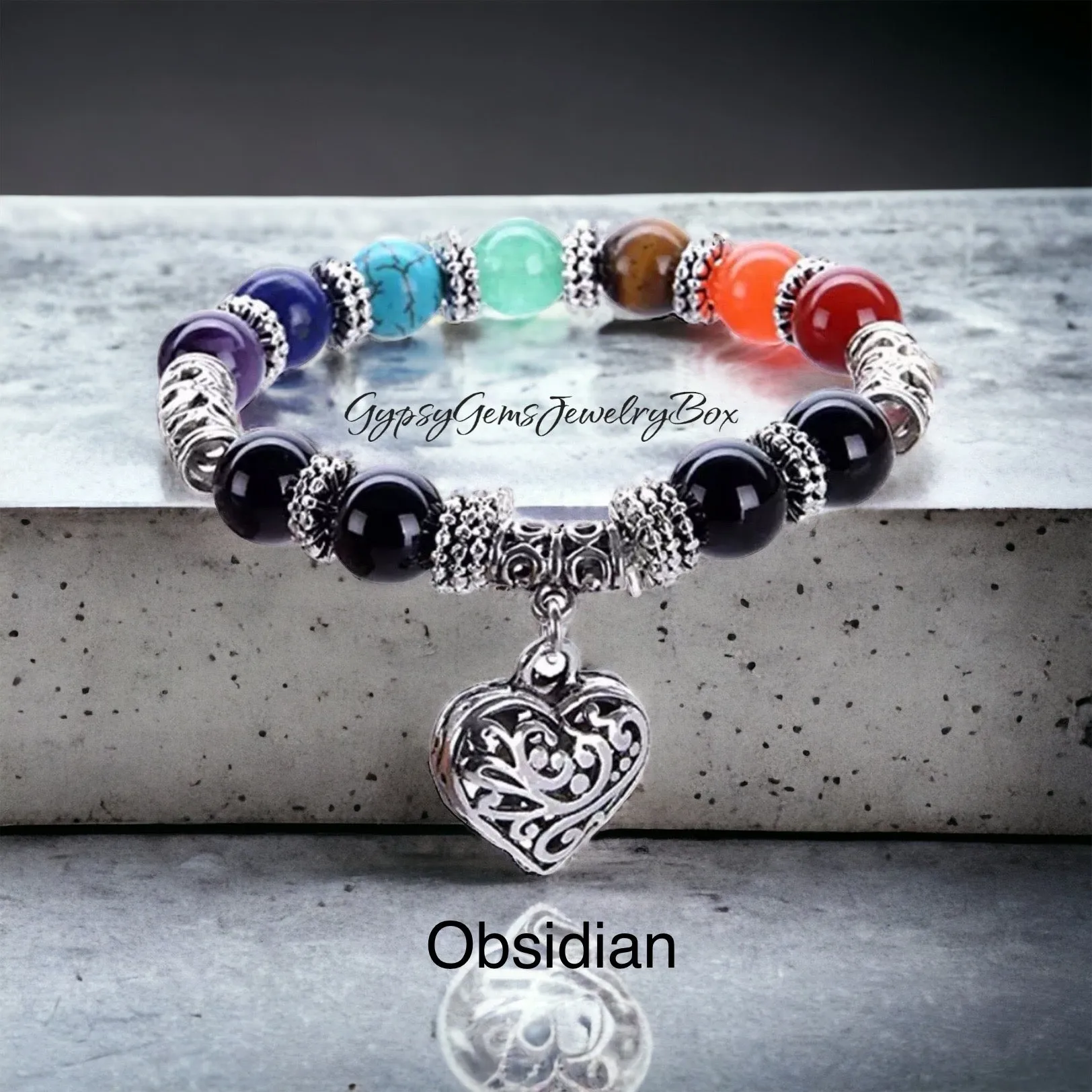 7 Chakra & Silver Heart Charm - FOUR Different Bracelet Style Choices: Obsidian • Jade • Tiger’s Eye • Green Imperial Jasper (10mm) Grande Round Smooth Stretch Natural Gemstone Crystal Energy Bead Bracelets