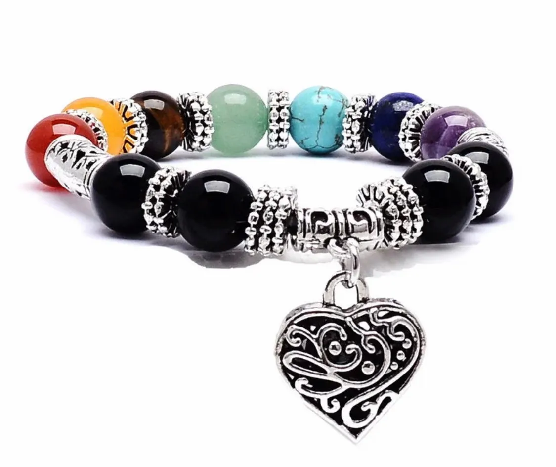 7 Chakra & Silver Heart Charm - FOUR Different Bracelet Style Choices: Obsidian • Jade • Tiger’s Eye • Green Imperial Jasper (10mm) Grande Round Smooth Stretch Natural Gemstone Crystal Energy Bead Bracelets