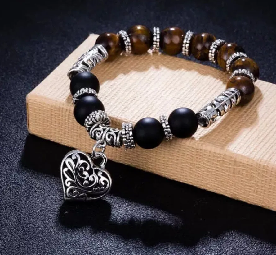 7 Chakra & Silver Heart Charm - FOUR Different Bracelet Style Choices: Obsidian • Jade • Tiger’s Eye • Green Imperial Jasper (10mm) Grande Round Smooth Stretch Natural Gemstone Crystal Energy Bead Bracelets