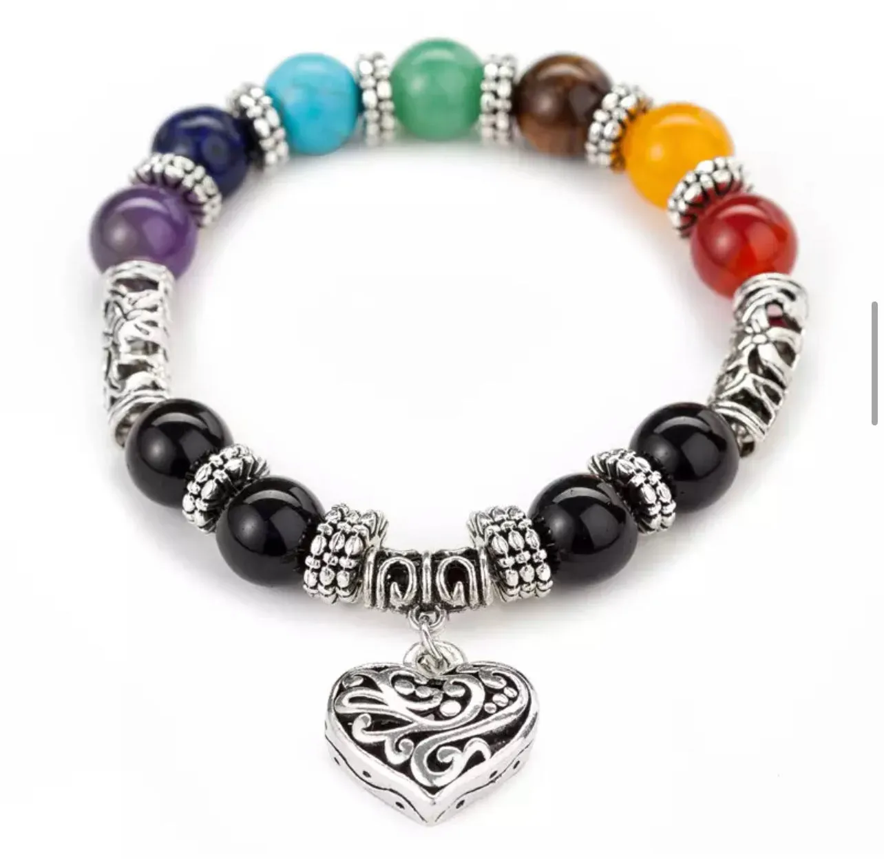 7 Chakra & Silver Heart Charm - FOUR Different Bracelet Style Choices: Obsidian • Jade • Tiger’s Eye • Green Imperial Jasper (10mm) Grande Round Smooth Stretch Natural Gemstone Crystal Energy Bead Bracelets