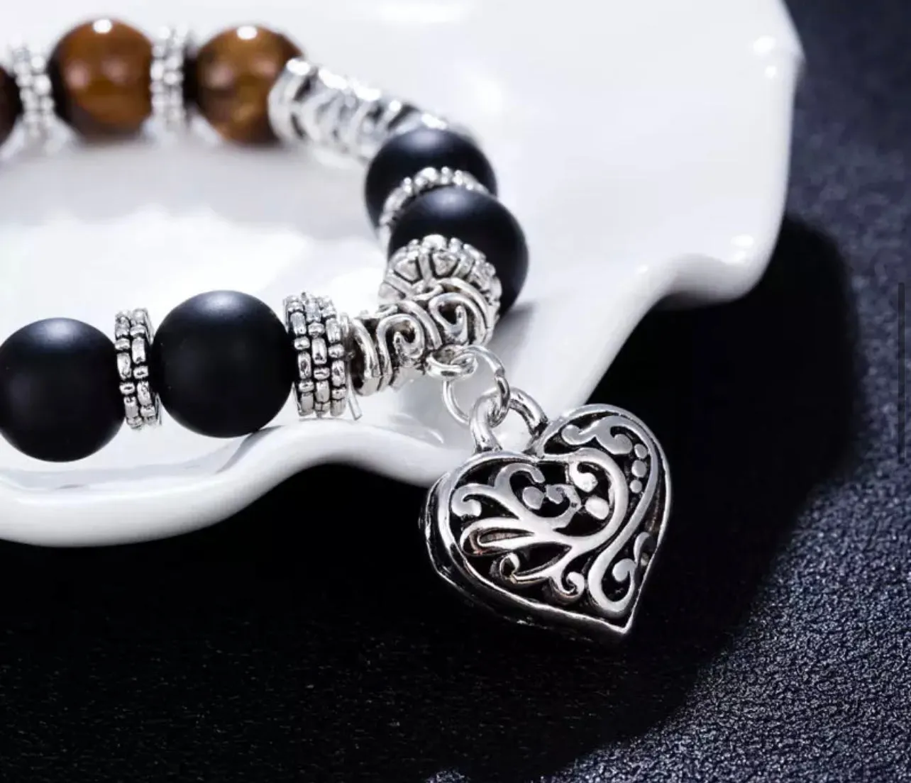 7 Chakra & Silver Heart Charm - FOUR Different Bracelet Style Choices: Obsidian • Jade • Tiger’s Eye • Green Imperial Jasper (10mm) Grande Round Smooth Stretch Natural Gemstone Crystal Energy Bead Bracelets