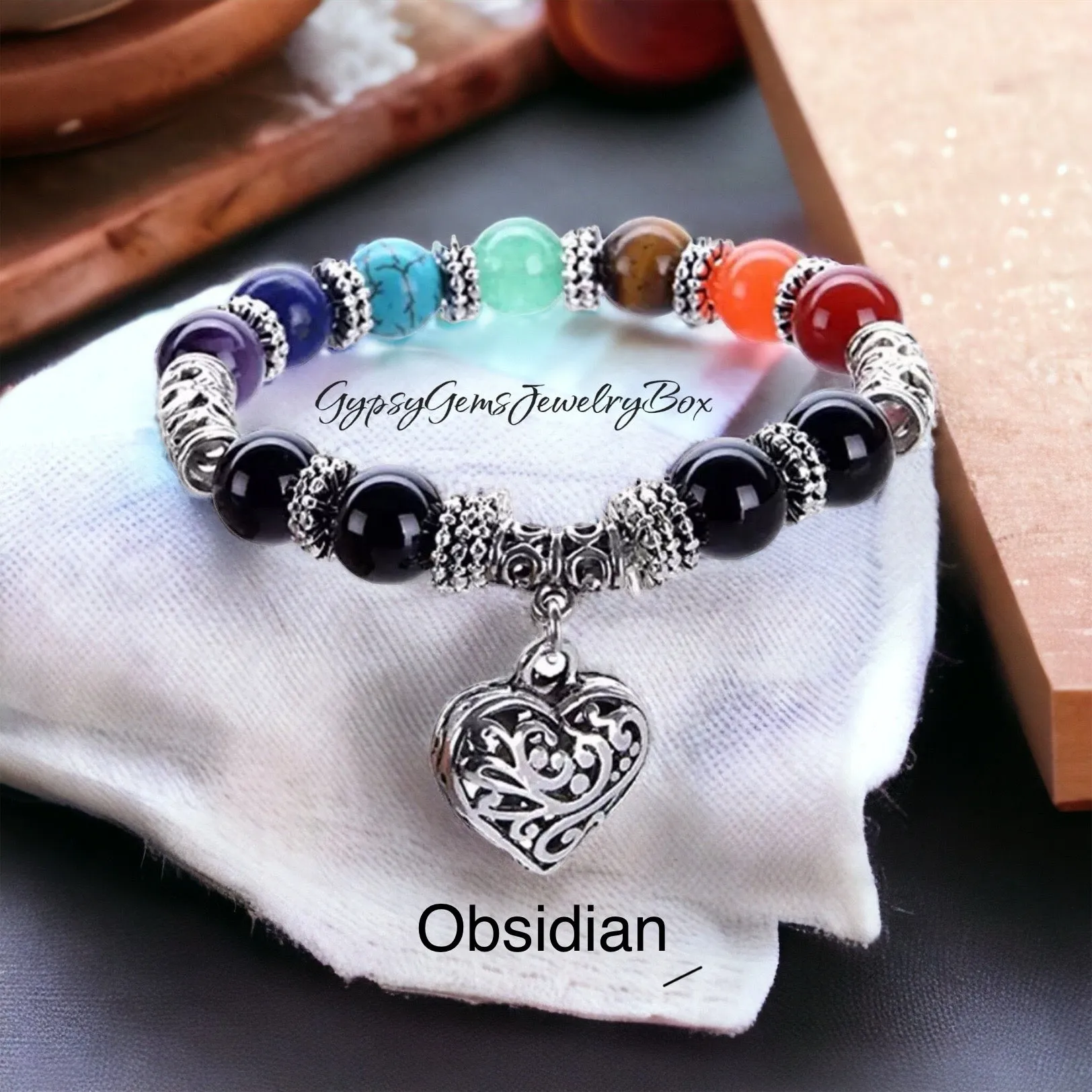 7 Chakra & Silver Heart Charm - FOUR Different Bracelet Style Choices: Obsidian • Jade • Tiger’s Eye • Green Imperial Jasper (10mm) Grande Round Smooth Stretch Natural Gemstone Crystal Energy Bead Bracelets