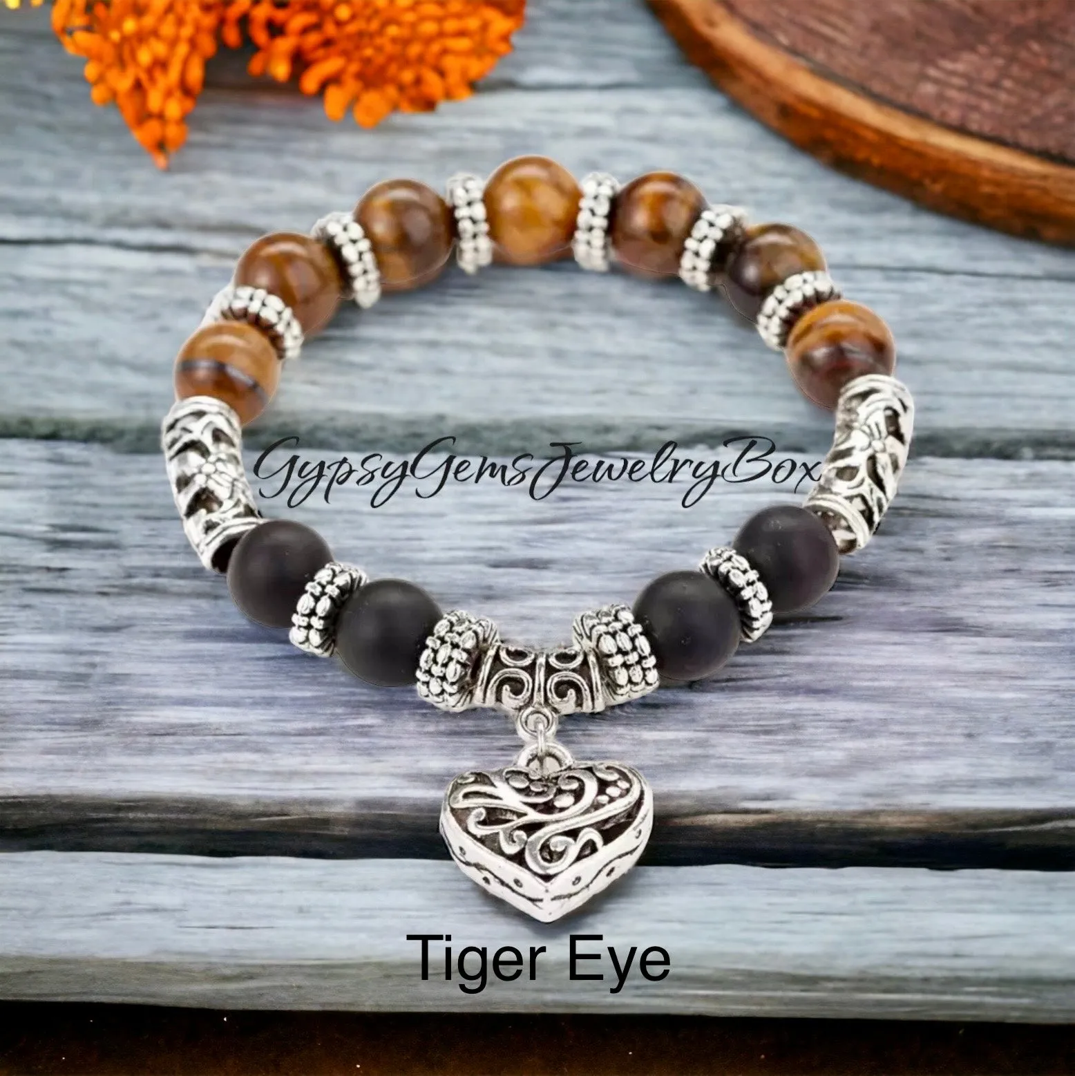 7 Chakra & Silver Heart Charm - FOUR Different Bracelet Style Choices: Obsidian • Jade • Tiger’s Eye • Green Imperial Jasper (10mm) Grande Round Smooth Stretch Natural Gemstone Crystal Energy Bead Bracelets