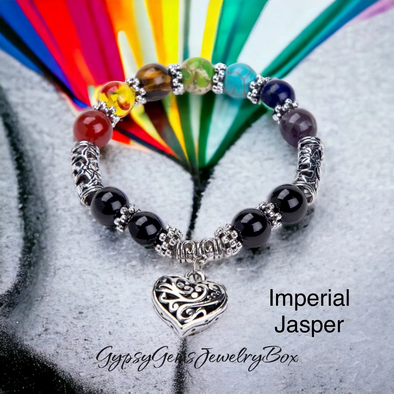 7 Chakra & Silver Heart Charm - FOUR Different Bracelet Style Choices: Obsidian • Jade • Tiger’s Eye • Green Imperial Jasper (10mm) Grande Round Smooth Stretch Natural Gemstone Crystal Energy Bead Bracelets