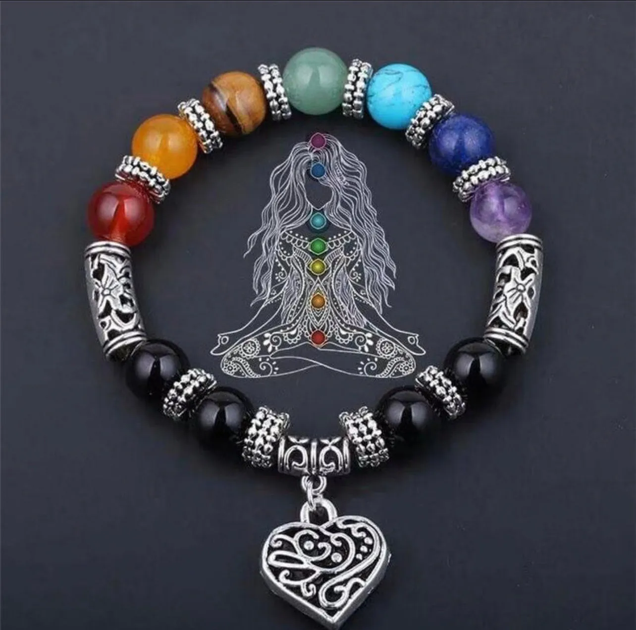 7 Chakra & Silver Heart Charm - FOUR Different Bracelet Style Choices: Obsidian • Jade • Tiger’s Eye • Green Imperial Jasper (10mm) Grande Round Smooth Stretch Natural Gemstone Crystal Energy Bead Bracelets