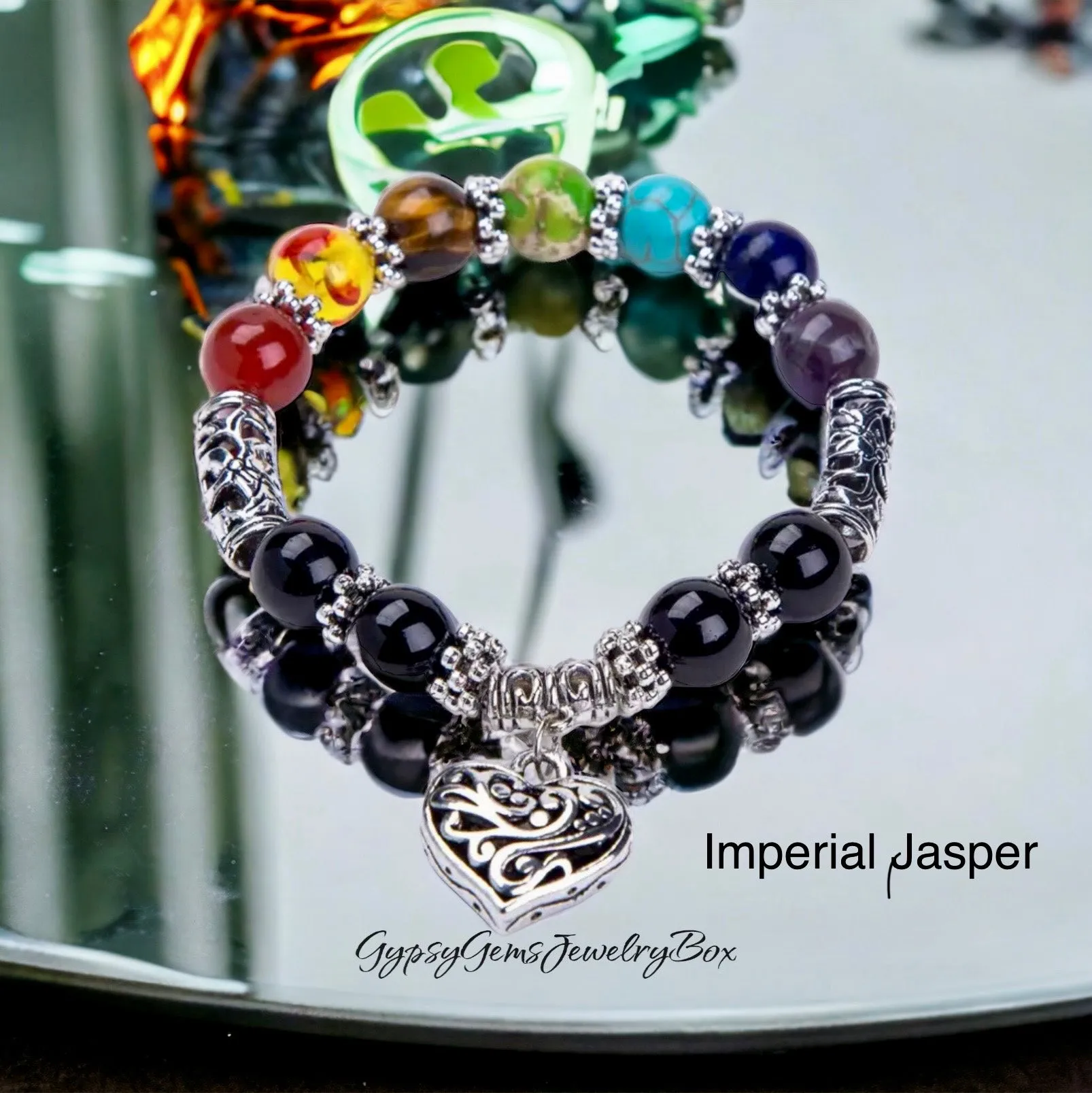 7 Chakra & Silver Heart Charm - FOUR Different Bracelet Style Choices: Obsidian • Jade • Tiger’s Eye • Green Imperial Jasper (10mm) Grande Round Smooth Stretch Natural Gemstone Crystal Energy Bead Bracelets