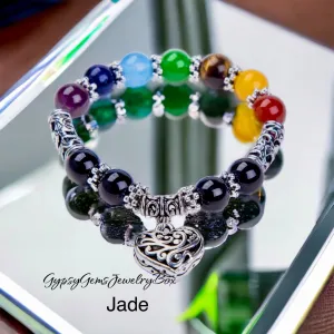 7 Chakra & Silver Heart Charm - FOUR Different Bracelet Style Choices: Obsidian • Jade • Tiger’s Eye • Green Imperial Jasper (10mm) Grande Round Smooth Stretch Natural Gemstone Crystal Energy Bead Bracelets