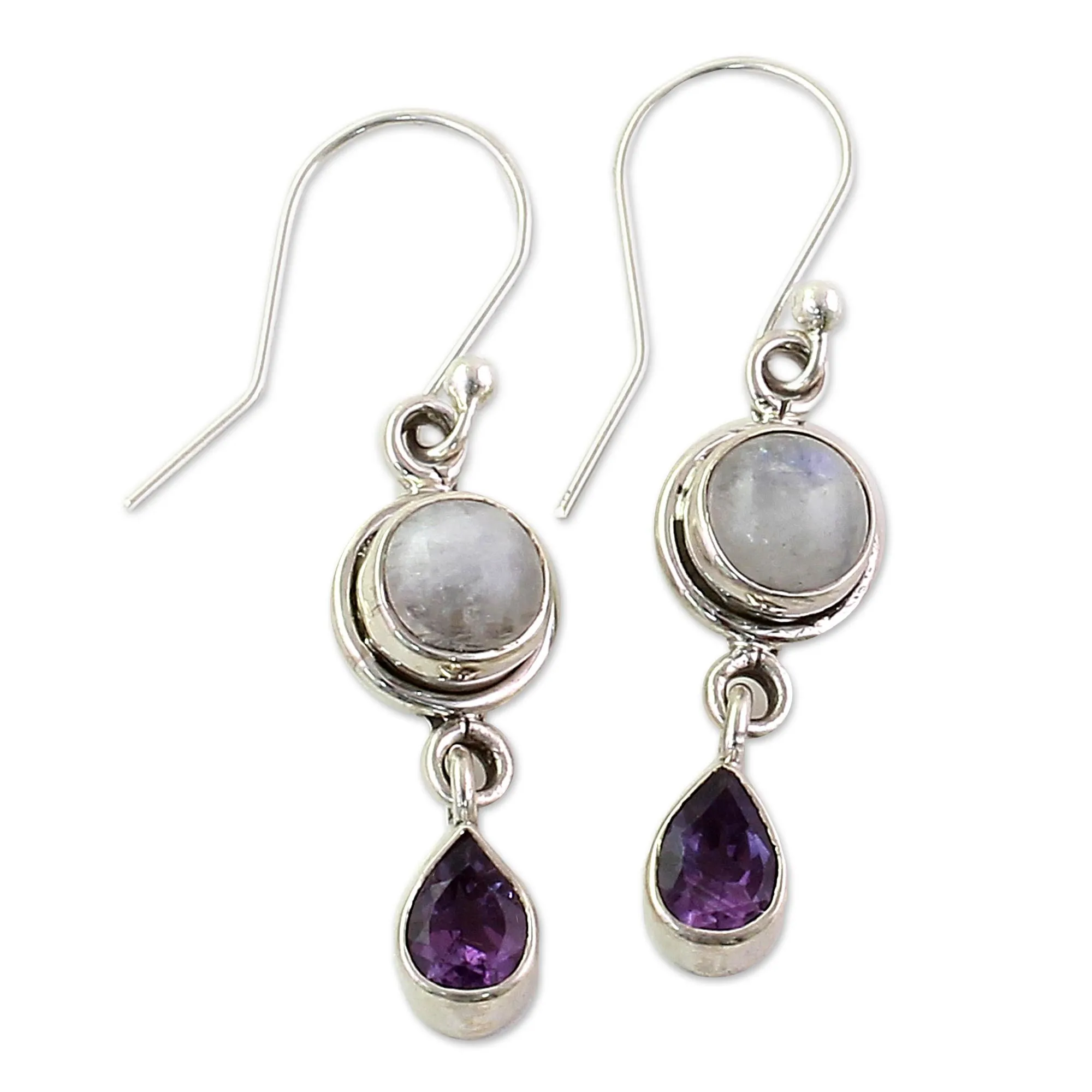 Amethyst Rainbow Moonstone Dangle Earrings from India - Purple Droplets | NOVICA