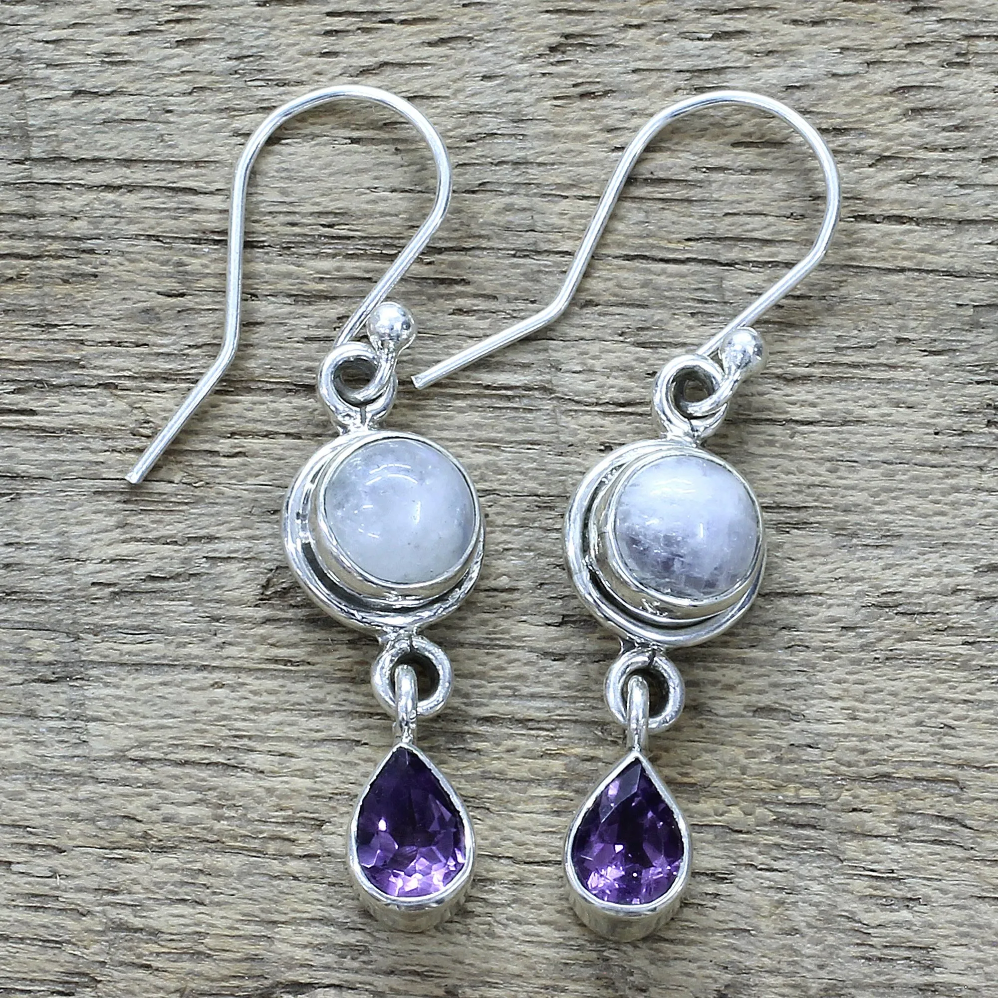 Amethyst Rainbow Moonstone Dangle Earrings from India - Purple Droplets | NOVICA