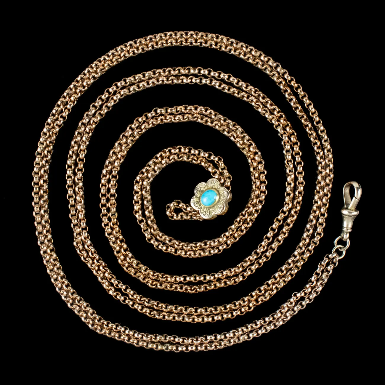 Antique Victorian Long Guard Chain 9ct Gold Turquoise Slider