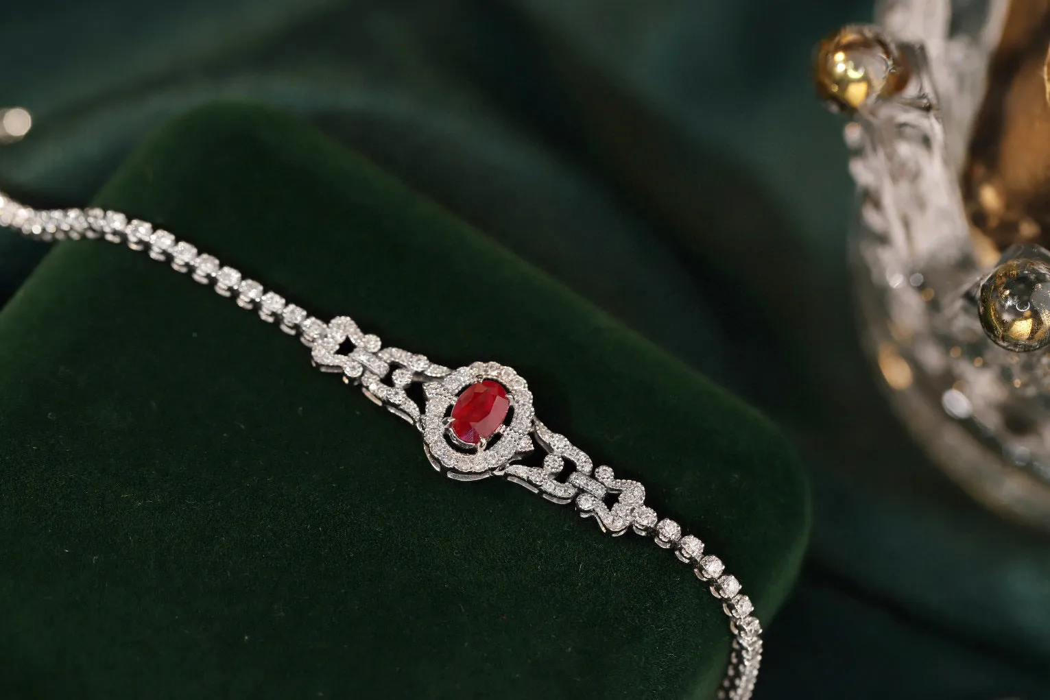 Art Deco 18K Solid Gold Ruby Full Diamond Bracelet