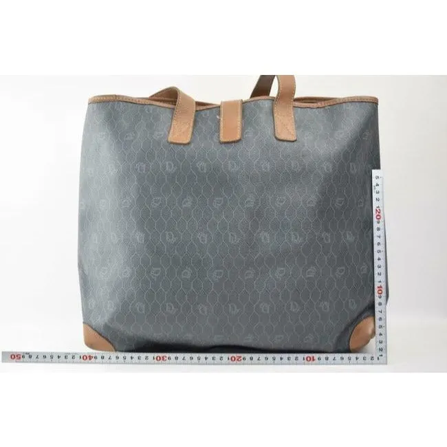 Dior Vintage Xl Brown Honeycomb Print On Greyish Green Coated Canvas And Camel Leather Tote
