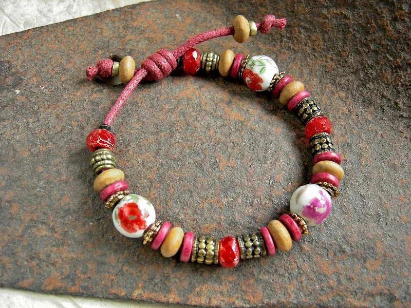 Fire Flower Adjustable Slider Bracelet, Vintage Porcelain, Red Glass