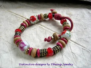 Fire Flower Adjustable Slider Bracelet, Vintage Porcelain, Red Glass