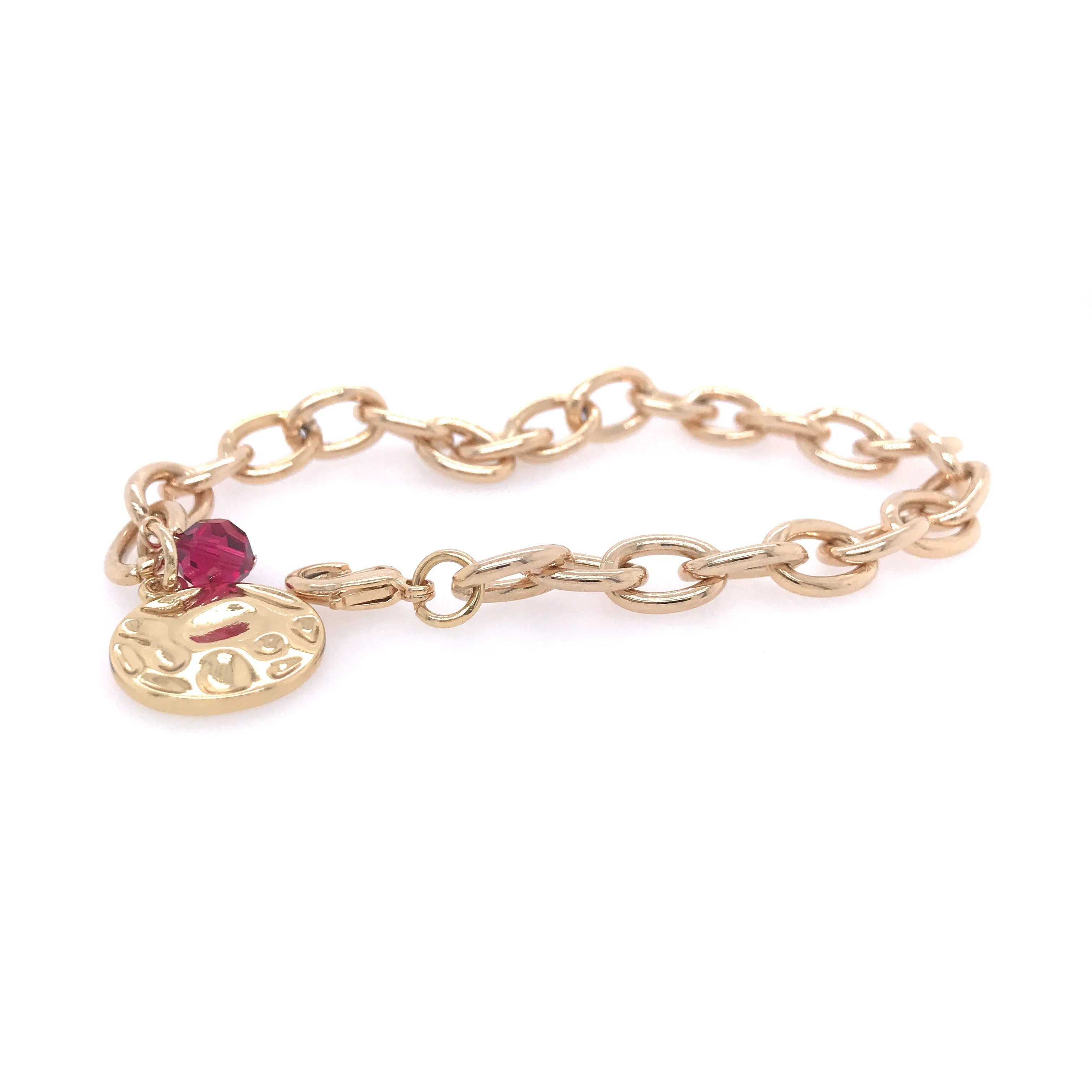Gold Chain Bracelet With Coin Charm And Ruby Crystal