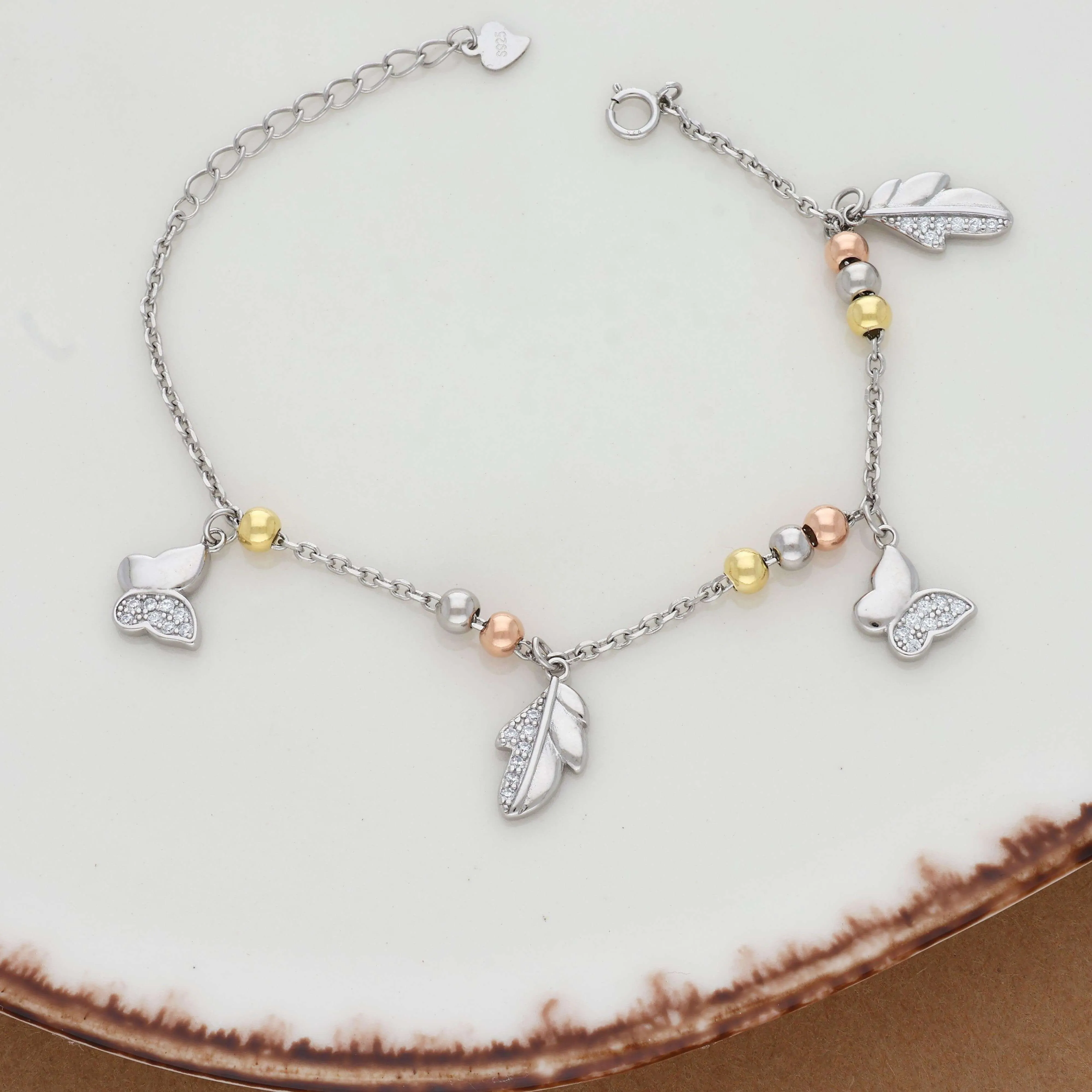 Leaf & Butterfly Charm Silver Bracelet