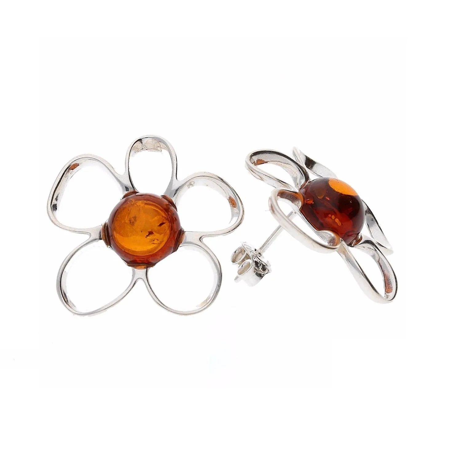 MILENA earrings Silver and Amber Flower Stud