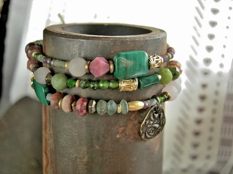Rose Garden Wrap Bracelet/Necklace, Pink & Green Gemstone, 22kt Gold