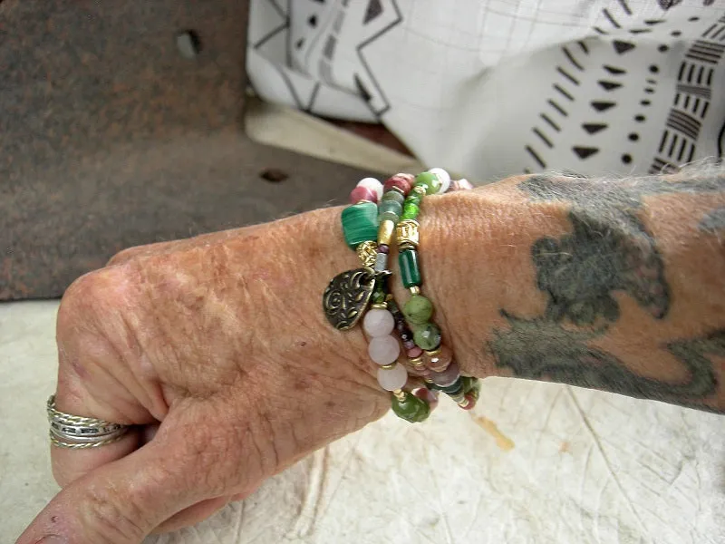 Rose Garden Wrap Bracelet/Necklace, Pink & Green Gemstone, 22kt Gold
