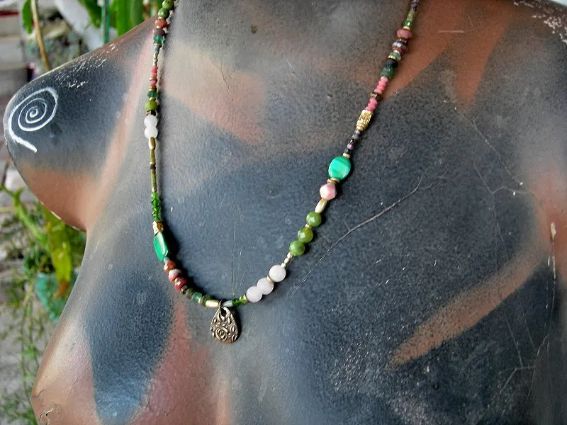 Rose Garden Wrap Bracelet/Necklace, Pink & Green Gemstone, 22kt Gold