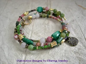 Rose Garden Wrap Bracelet/Necklace, Pink & Green Gemstone, 22kt Gold