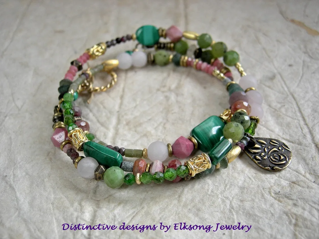 Rose Garden Wrap Bracelet/Necklace, Pink & Green Gemstone, 22kt Gold