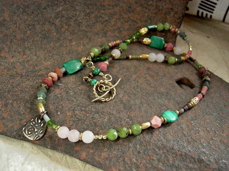 Rose Garden Wrap Bracelet/Necklace, Pink & Green Gemstone, 22kt Gold