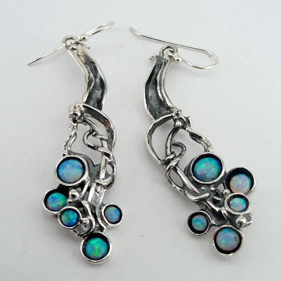 Silver  Long Sterling Silver Opal Earrings (H 2103)
