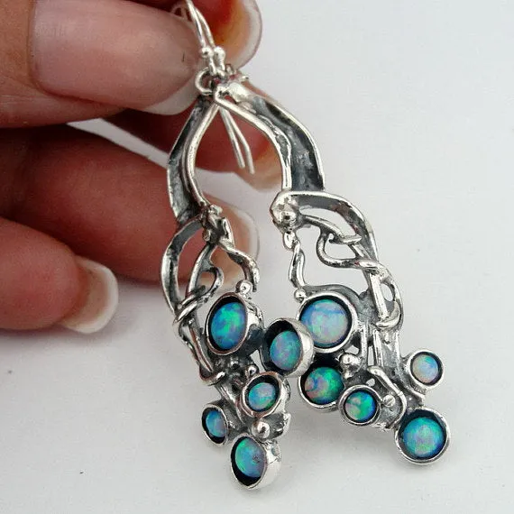 Silver  Long Sterling Silver Opal Earrings (H 2103)