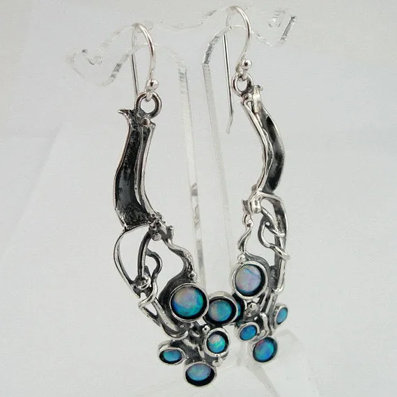 Silver  Long Sterling Silver Opal Earrings (H 2103)