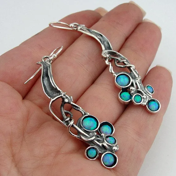 Silver  Long Sterling Silver Opal Earrings (H 2103)