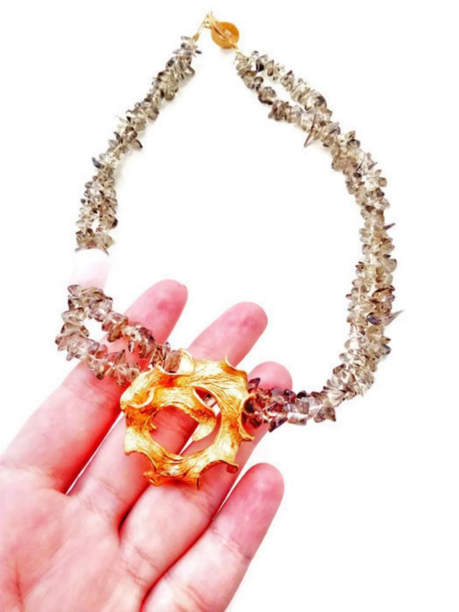 Smoky Quartz Necklace, 18k Gold Plated Silver Spiral Necklace With Semi Precious Gemstones