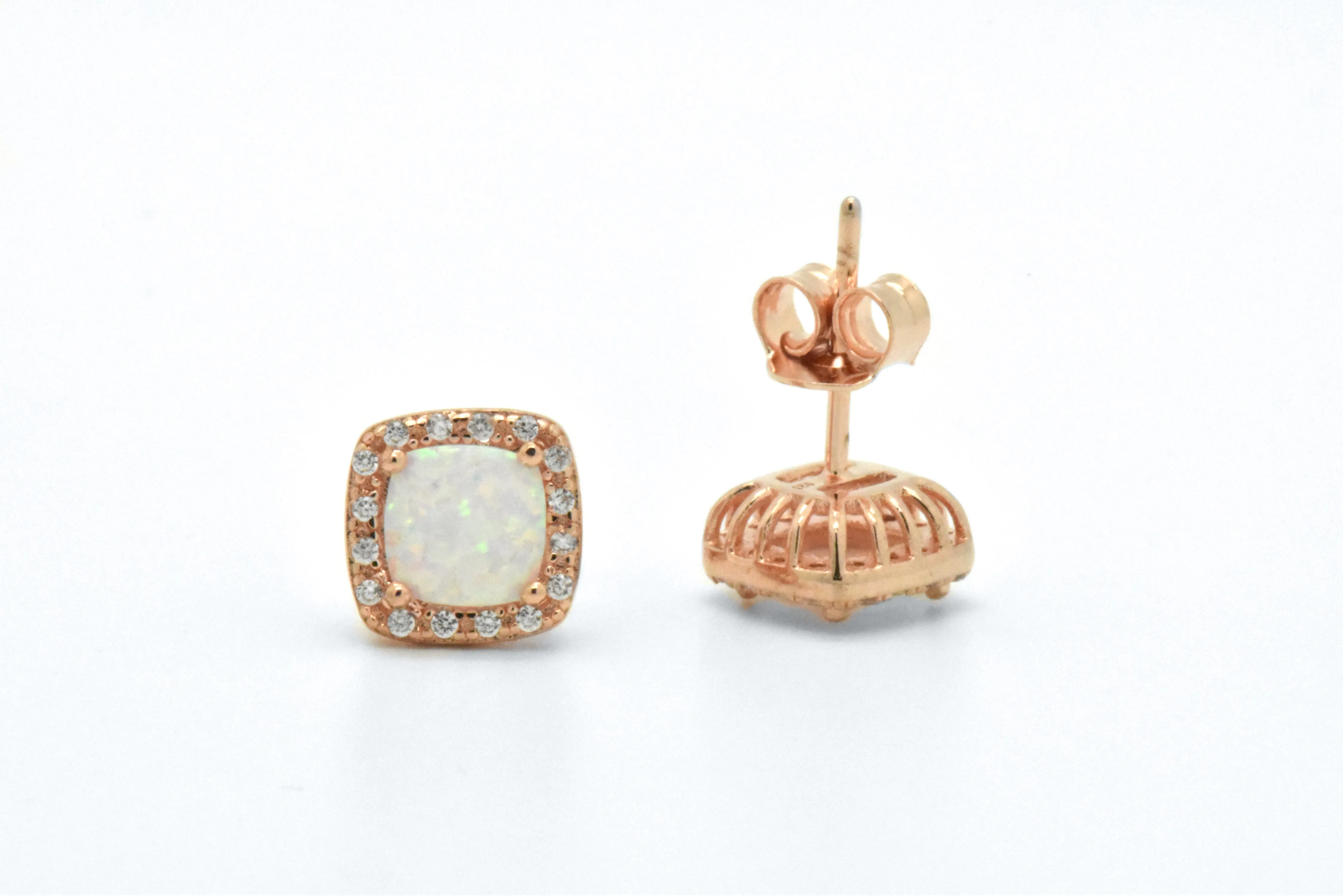 Sterling Silver 14kt Rose Gold Overlay White Opal Halo Stud Earrings