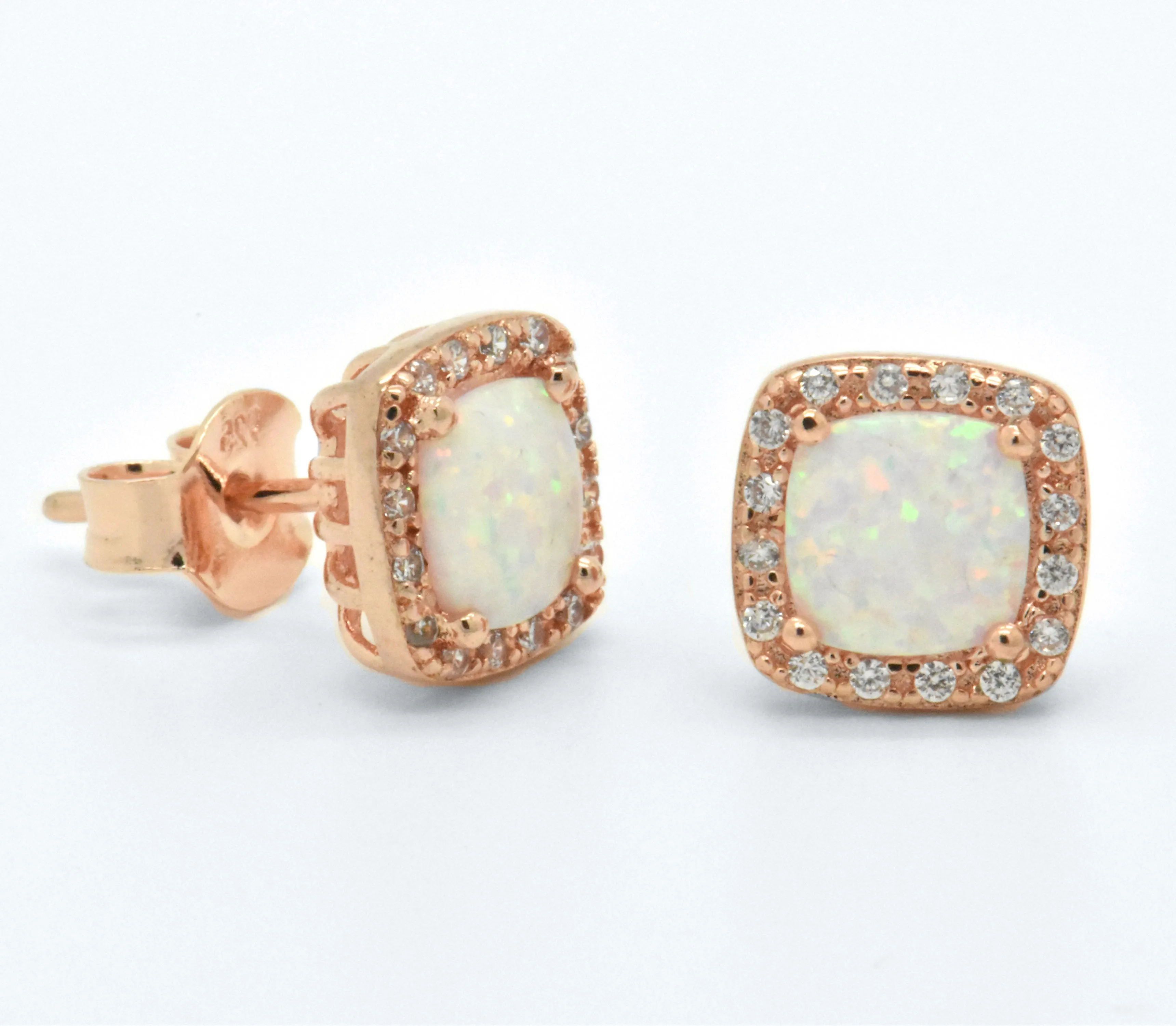 Sterling Silver 14kt Rose Gold Overlay White Opal Halo Stud Earrings